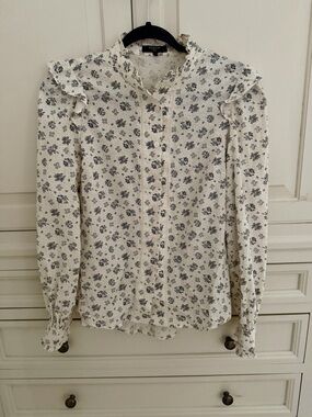 FRNCH Floral Ruffle-Trim Button-Front Blouse - Cream with Navy Print